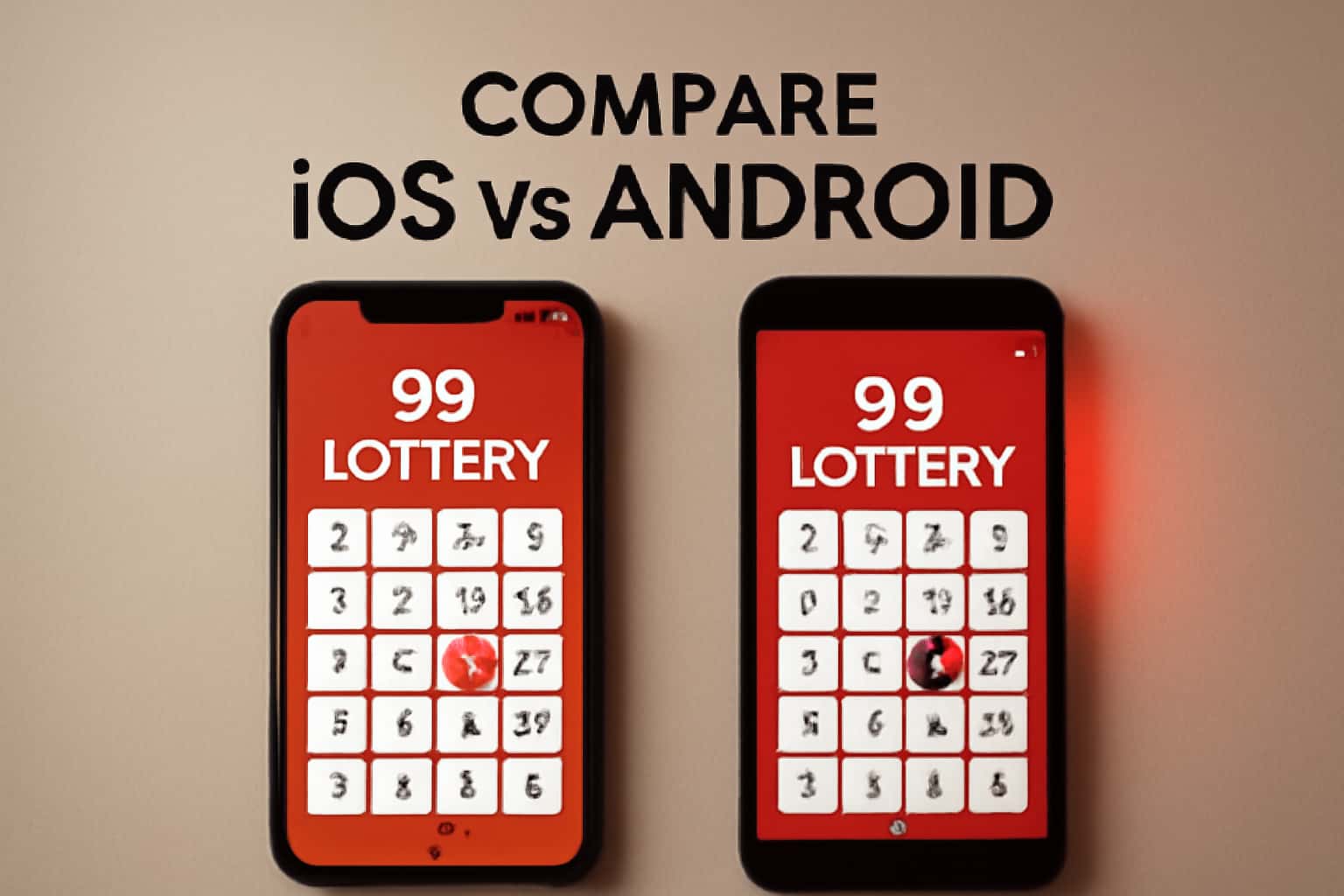 An informative representation contrasting the 99 Lottery app on iOS and Android platforms.