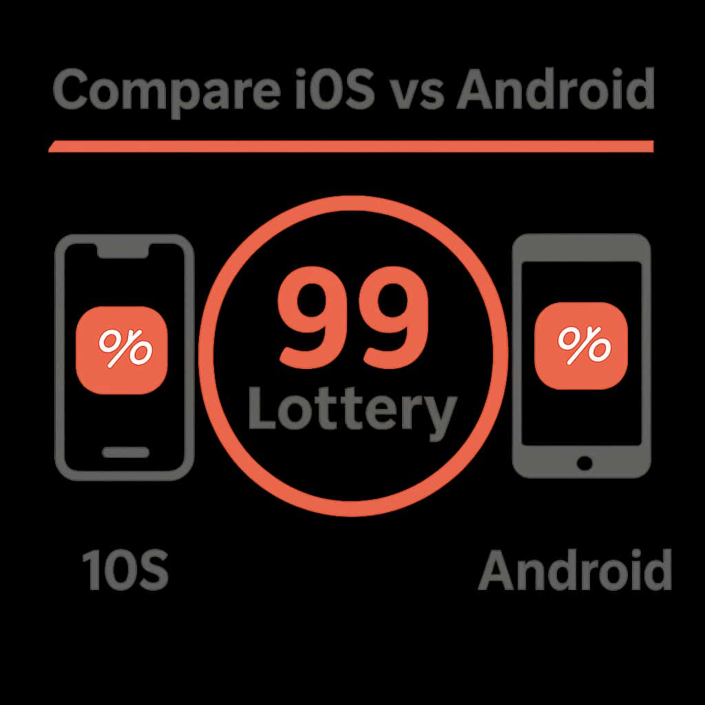 An educational diagram comparing the 99 Lottery app functionalities on iOS and Android.