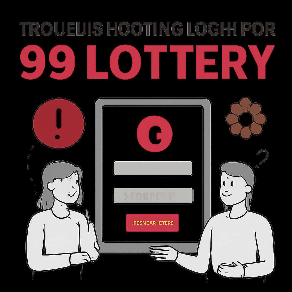 An educational illustration outlining steps to troubleshoot login issues for the 99 Lottery app.